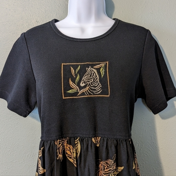 Vintage 90's Zebra Print Embroidered Maxi Dress Size M - Picture 2 of 7
